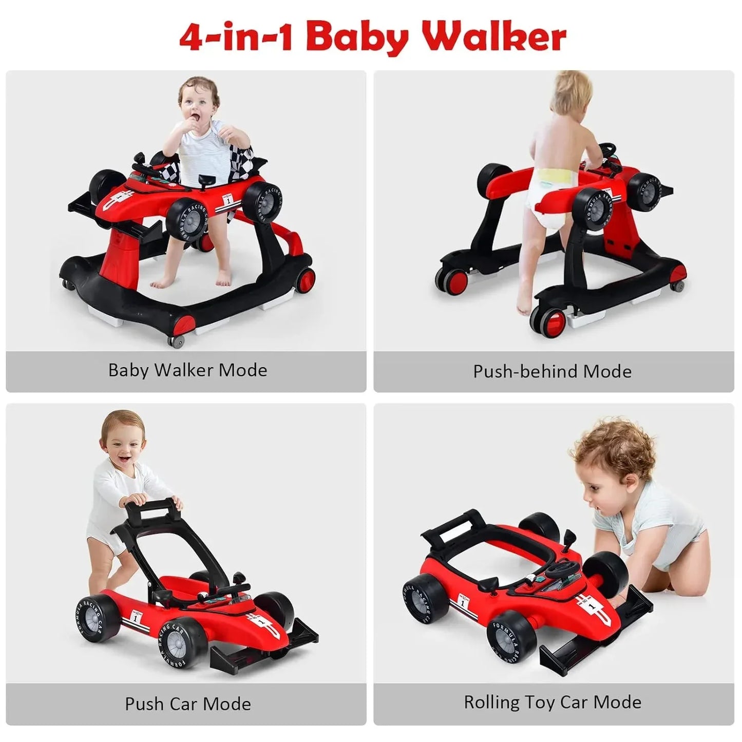 HONEY JOY 4 - in - 1 Baby Walker, Activity Push Walker w/3 Adjustable Heights, Smooth Wheels w/Adjustable Speed, Padded Seat, Music & Light, Foldable Car Walker for Baby Boys Girls Age 6 Months+ - Adenzo Comfies