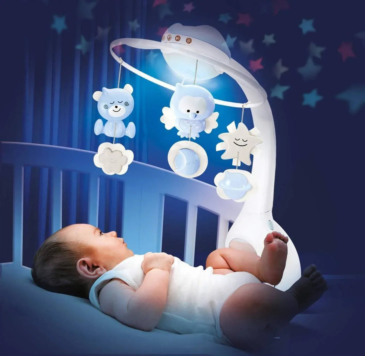 Infantino 3 - in - 1 Projector Musical Mobile – Crib Mobile, Star Projector & Nightlight, Blue, Pink and Grey. - Adenzo Comfies