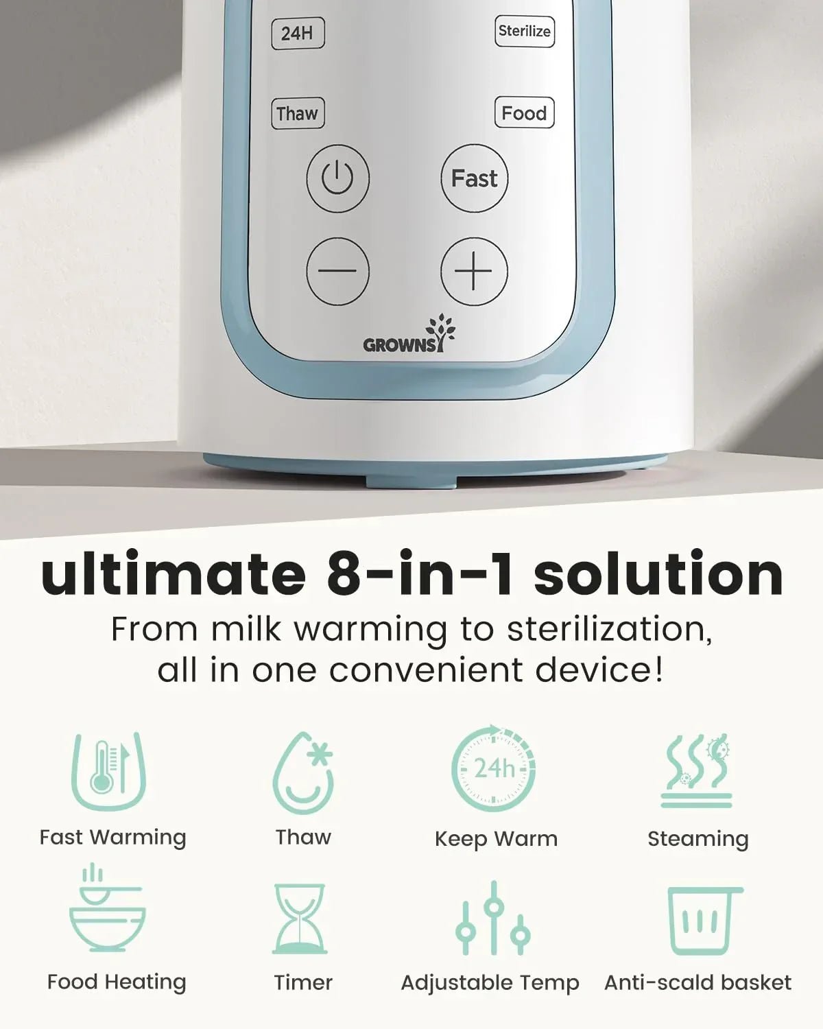 Grownsy Bottle Warmer, 8 - in - 1 Fast Baby Milk Warmer with Timer for Breastmilk or Formula, Accurate Temperature Control, Multifunctional Baby Bottle Warmers for All Bottles - Adenzo Comfies