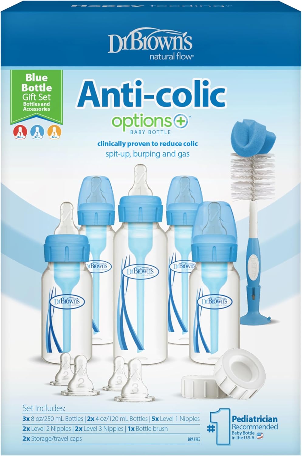 Dr. Brown’s Natural Flow Anti-Colic Options+ Narrow Neck Baby Bottle Gift Set – BPA-Free Newborn Feeding Set with 5 Bottles, Bottle Brush, Travel Caps & Slow Flow Nipples