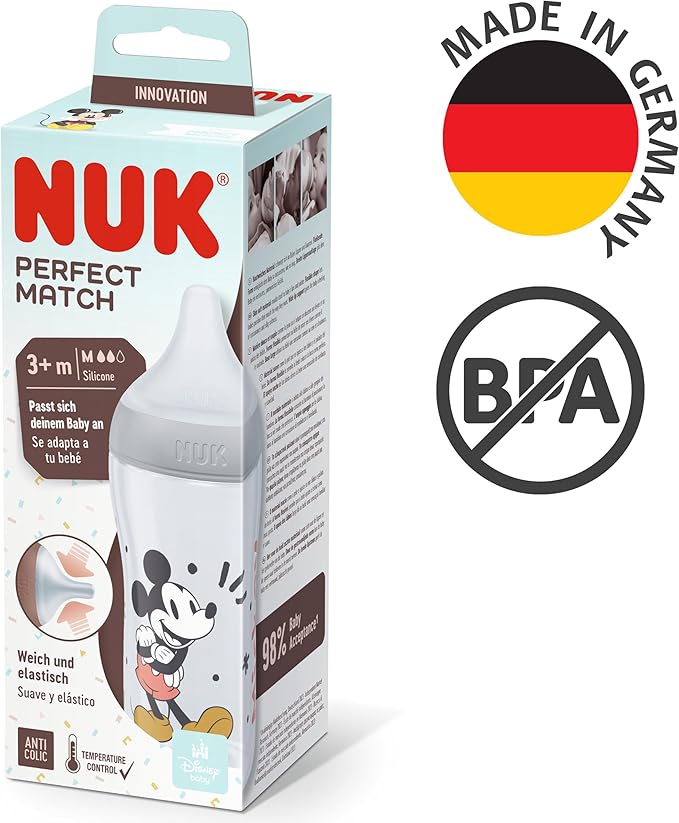 NUK Perfect Match Baby Bottle, 3+ Months, Fits Baby Palate, Temperature Control, Anti - Colic Vent, 260 ml, BPA Free, Silicone M Teat, Disney Winnie the Pooh - Adenzo Comfies