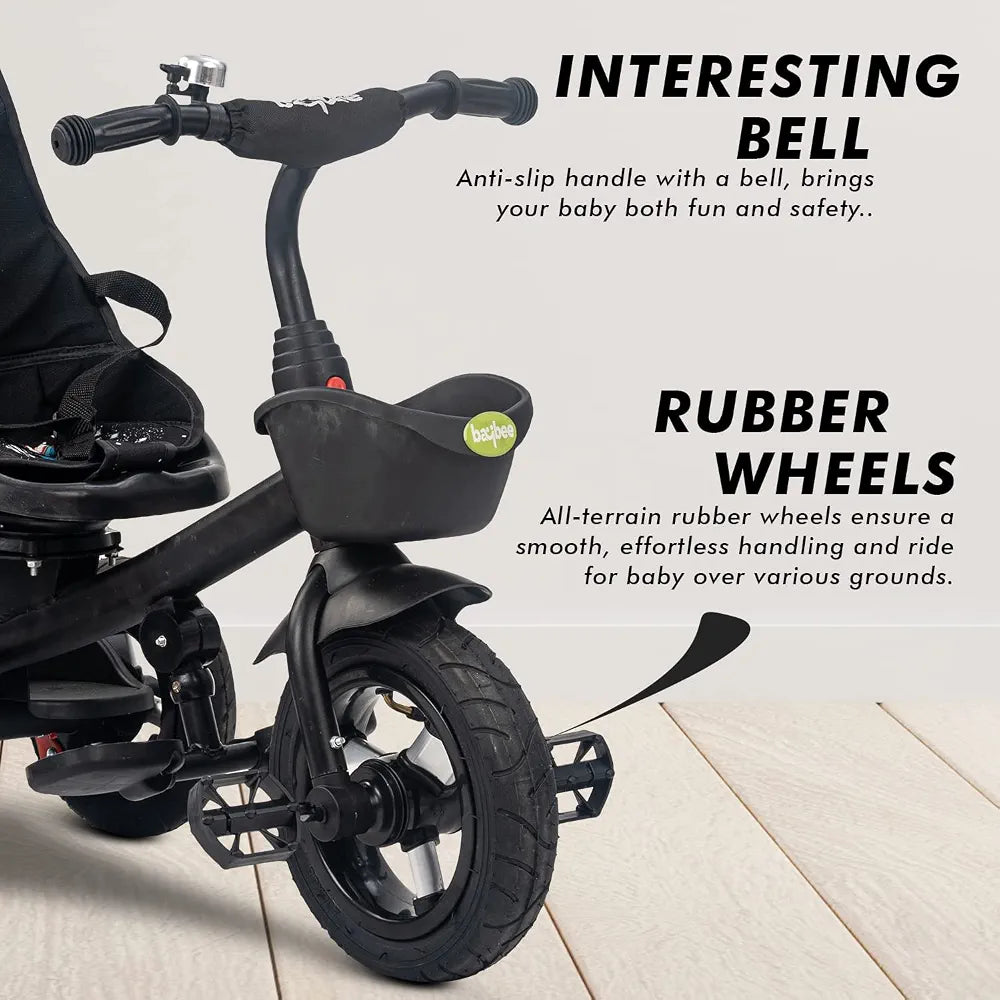 BB-228 Children’s Tricycle for Toddlers, Black, Durable Three-Wheel Ride-On Bike with Safety Seat, Music Function, and Push Handle – Ages 1–4 Years - Adenzo Comfies