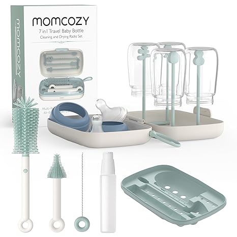 Momcozy Bottle Brush Set - Baby Bottle Cleaner Kit with Silicone Brush, Nipple Brush, Straw Brush, Soap Dispenser, Drying Rack - 7 in 1 Bottle Cleaning Tool