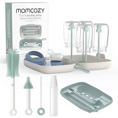 Momcozy Bottle Brush Set - Baby Bottle Cleaner Kit with Silicone Brush, Nipple Brush, Straw Brush, Soap Dispenser, Drying Rack - 7 in 1 Bottle Cleaning Tool - Adenzo Comfies