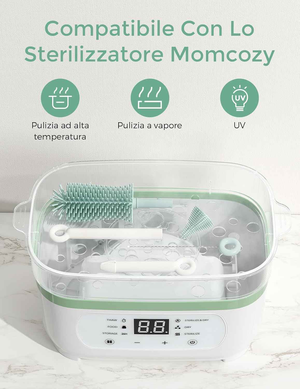 Momcozy 7-in-1 Silicone Baby Bottle Cleaning Set with Dish Drainer. - Adenzo Comfies