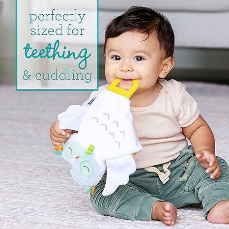 Infantino Glow - in - The Dark Cuddly Teether - Owl Soft Toy with 3 Textured Teethers, Fiddle Flags, Crinkle Sounds, Soft Material, On The Go Toy - Adenzo Comfies