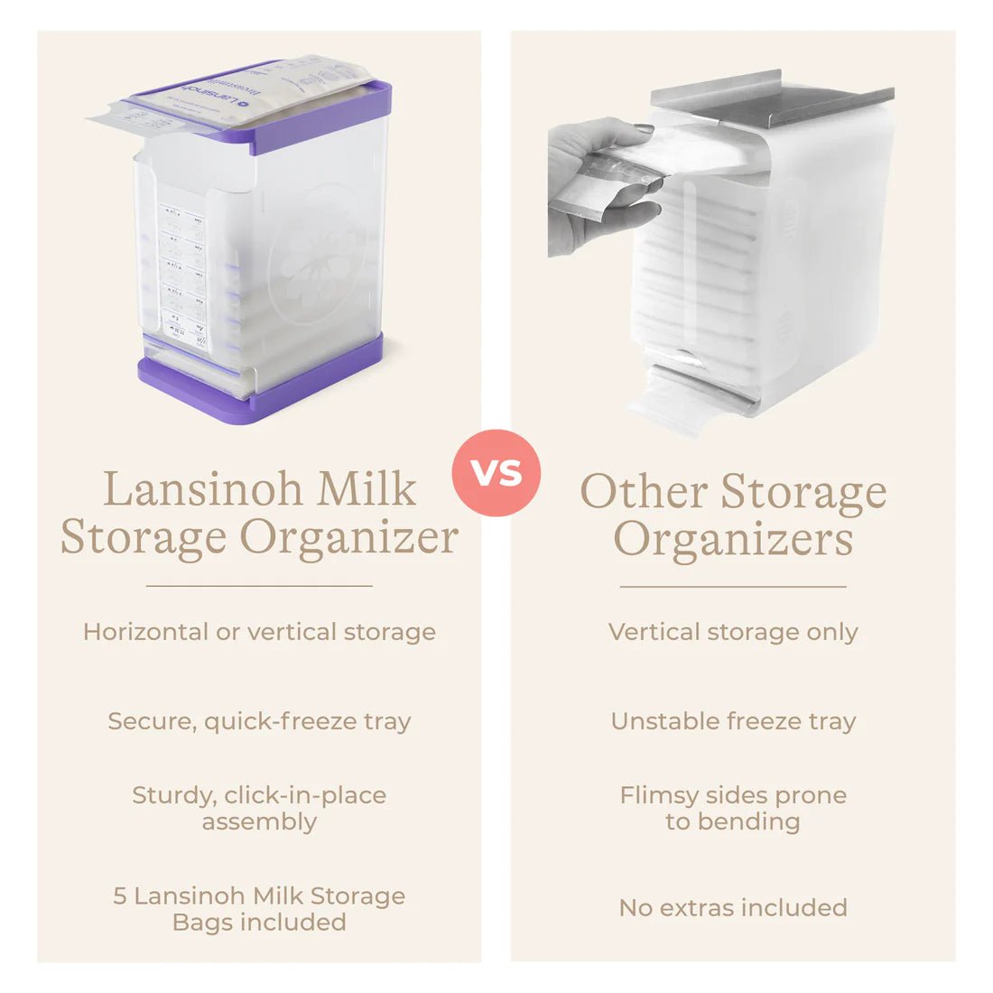 Lansinoh Breastmilk Bags Storage Container – Organizer with Quick‑Freeze Tray + 5 Bonus Bags - Adenzo Comfies