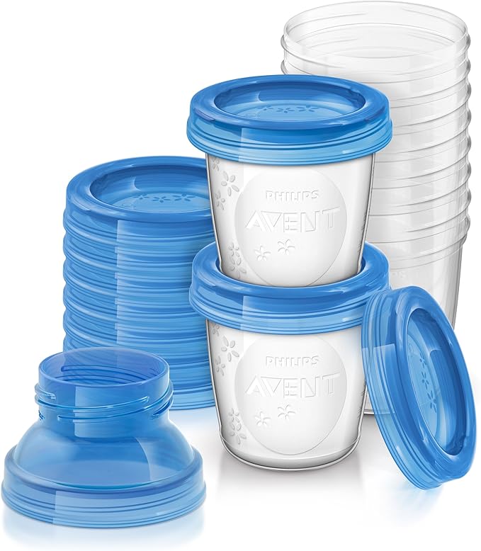 Philips Avent Breast Milk Storage Containers with Secure Lids – BPA-Free Stackable Milk Storage Cups, 180ml, 10-Pack (SCF618/10)