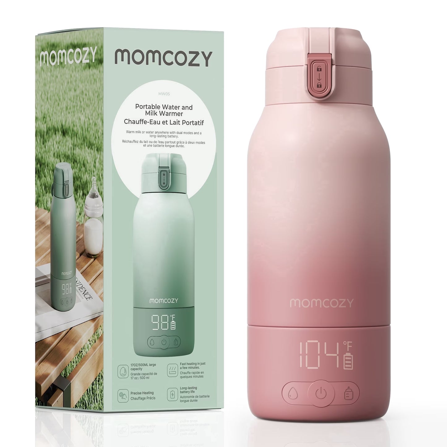 Momcozy Portable Milk Warmer for Travel โ Dual Heating Modes for Breast Milk & Water, Portable Bottle Warmer with Fast Heating & Long Battery Life, 17 Ounces Large Capacity to Meet Your All-Day Needs