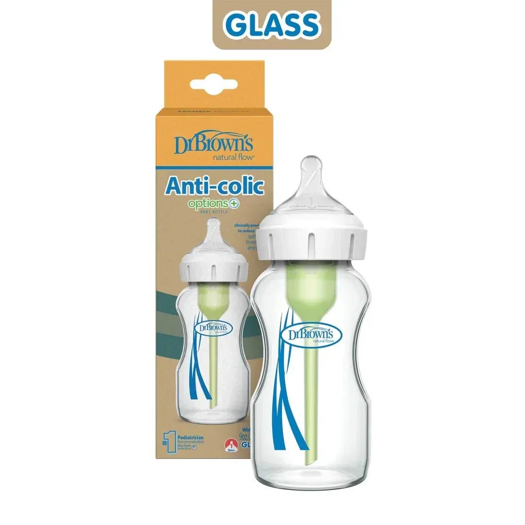 Dr. Brown’s Options+ Glass Baby Bottle – 150ml & 270ml, Wide‑Neck, Anti‑Colic Vent System, Silicone Level‑1 Teat, BPA‑Free - Adenzo Comfies