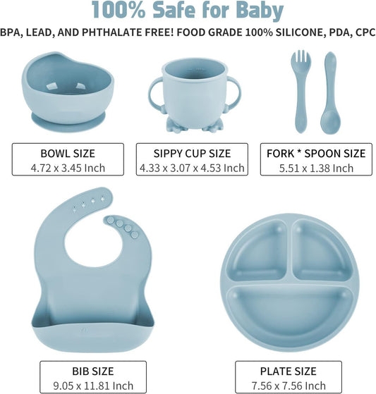 BPA Free Baby Led Weaning Supplies Set Suction Baby Plate Bowl Set Silicone Baby Set with Bib Spoon Fork Sippy Cup