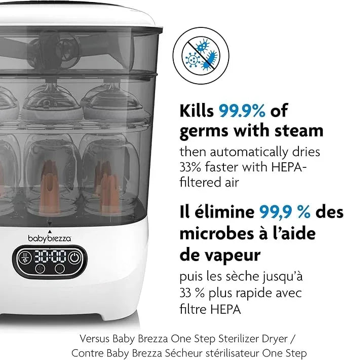 Baby Brezza Bottle Sterilizer and Dryer Advanced – 33% Faster - Largest Capacity Steam Sanitizer - Universal Sterilization Machine for All Bottles + Baby Product Parts - HEPA Air Filter - Adenzo Comfies