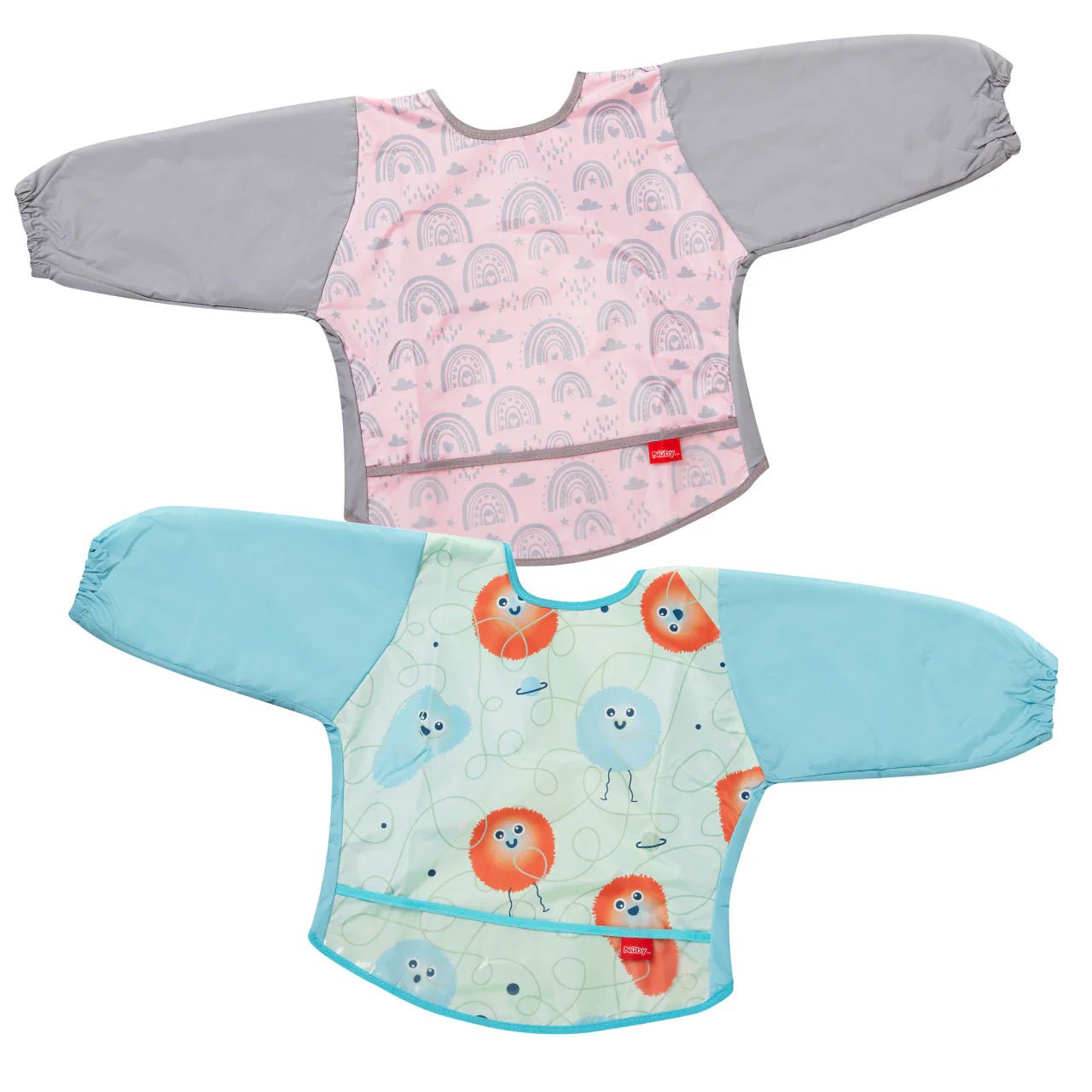 Nuby Coverall Baby Bibs 1 Pack – Waterproof Long Sleeve Weaning Bibs for Toddlers, Easy Velcro Fastening, Wipe Clean PEVA Feeding Bibs - Adenzo Comfies