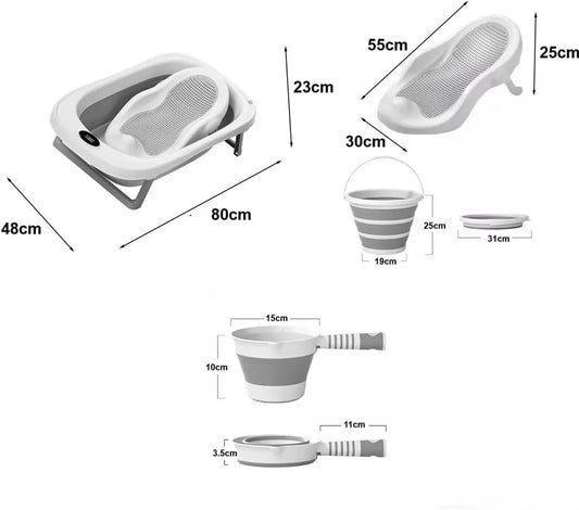 Tenbabe 4-in-1 Foldable Baby Bathtub Set with Silicone Bather, Thermometer, Bucket & Ladle for Newborns to Toddlers, 0-3 Years