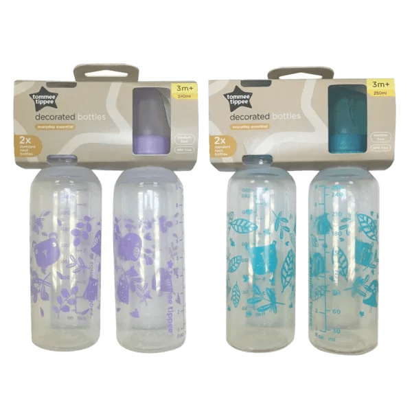 Tommee Tippee Essentials Standard Neck Baby Bottles – 3m+ (2 x 250ml) BPA - Free, Durable Feeding Bottles with Easy - Latch Teat, Anti - Colic Valve, and Dishwasher Safe Design for Comfortable Infant Feeding - Adenzo Comfies