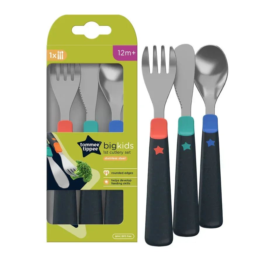 Tommee Tippee Big Kids 1st Cutlery Set – Stainless Steel Fork, Spoon, and Knife for Toddlers and Preschoolers, BPA - Free, Easy - Grip Handles, Dishwasher Safe, Durable Training Utensils for Self - Feeding - Adenzo Comfies