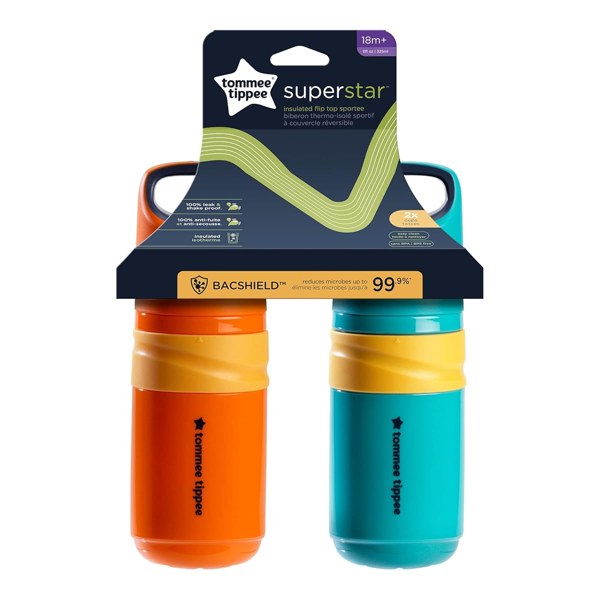 Tommee Tippee Flip Top Sportee Cup 500ml – 18m+ Assorted, Non‑Spill Toddler Cup with Bite‑Proof Spout, Leak Proof and BPA‑Free