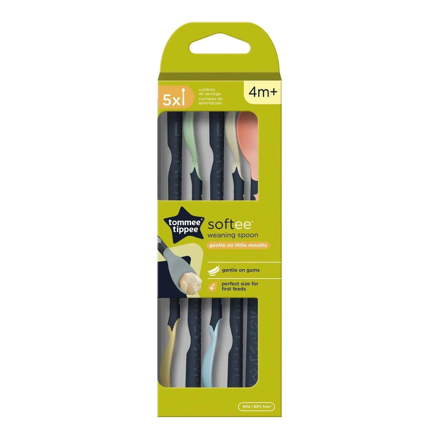 Tommee Tippee Softee Weaning Spoons 4+ Months, 5 Pack, Long Anti - Slip Handles, Super Soft Tip, BPA - Free Baby Spoons - Adenzo Comfies