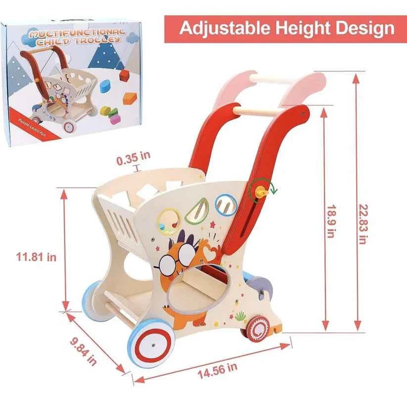 Wooden Multifunctional Shopping Cart – Pretend Play, Shape Sorting and Toy Storage for Toddlers and Preschoolers - Adenzo Comfies