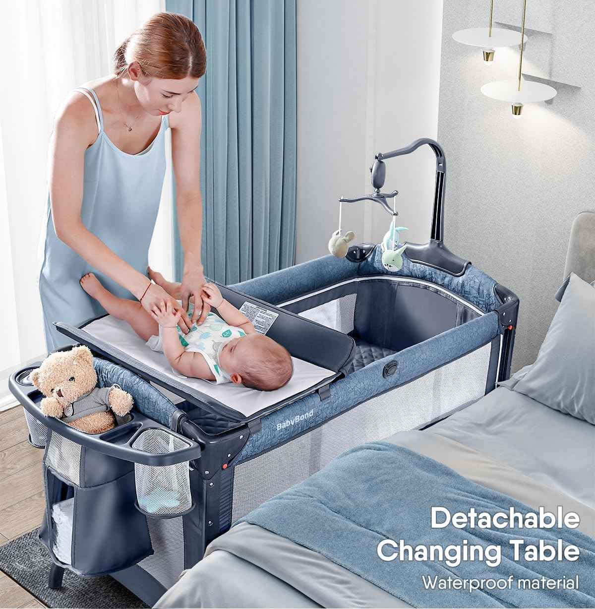 5-in-1 Baby Bassinet Bedside Sleeper & Playard with Changing Table – Rocking Crib, Mesh Sides, Music Box, Mosquito Net, Storage & Travel-Friendly Design