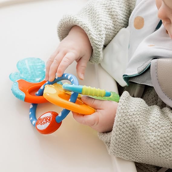 Nuby IcyBite Keys Teether – Soothing Baby Teething Toy, Multiple Teething Surfaces, Refrigerator Safe Cooling Gel, Easy Grip, Suitable from 3 Months+ - Adenzo Comfies