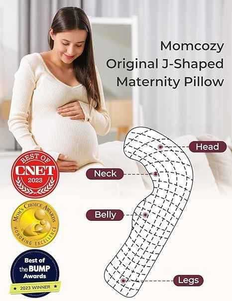 Momcozy J - Shaped Pregnancy Pillow for Side Sleeping – Soft Maternity Body Pillow with Jersey Cover for Head, Neck & Belly Support, Grey - Adenzo Comfies