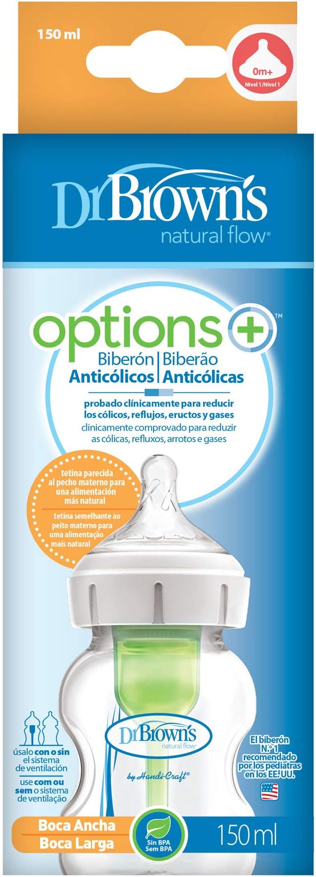 Dr. Brown's Options+ Anti-Colic Baby Bottle, 150ml, Transparent, BPA Free, Vented, Wide Mouth, from 0 months
