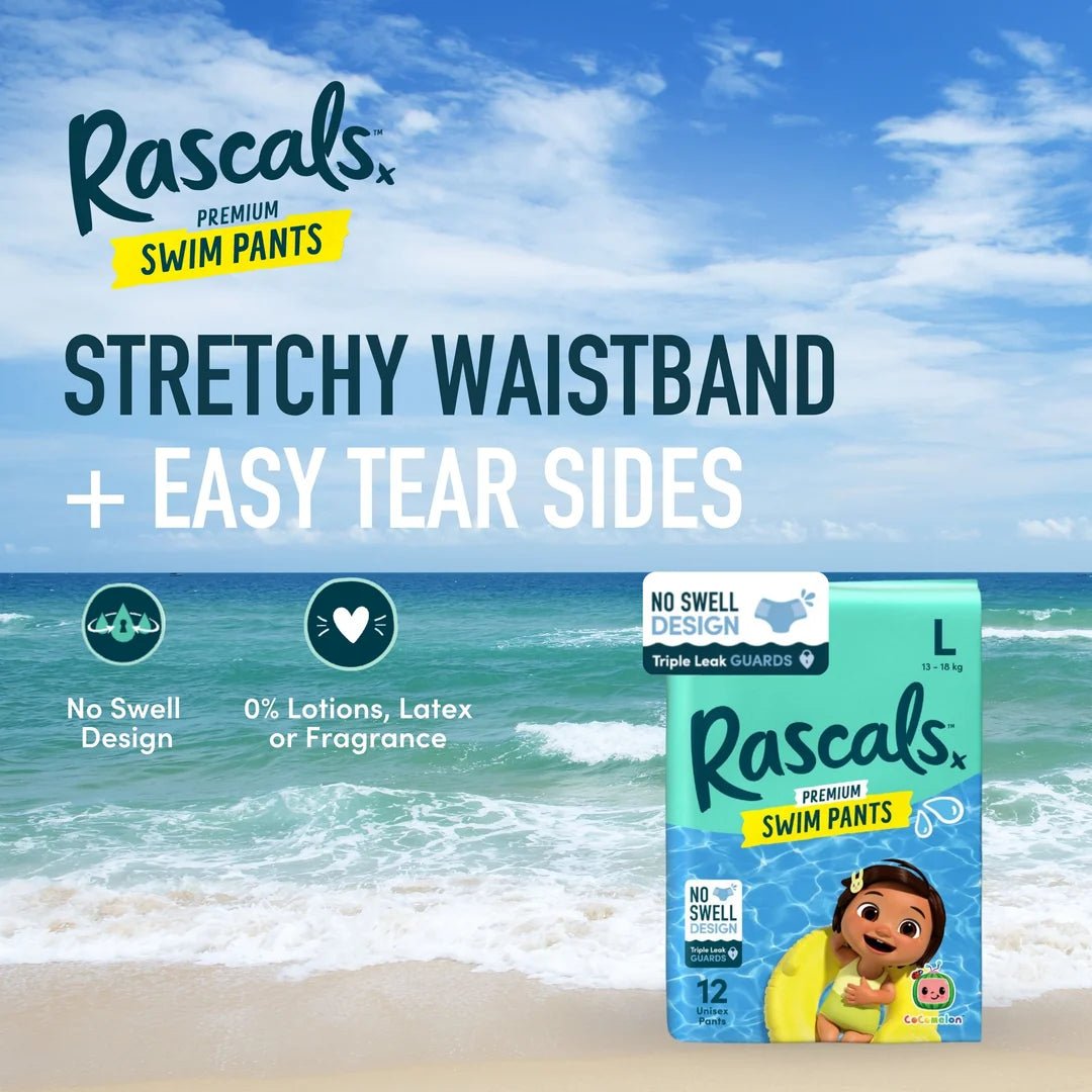 Rascals Cocomelon Premium Baby Swimming Diaper Pants - Advanced Leak Protection Swimming Diaper Pants For Little Swimmers - Extra Stretchy Waistband Swim Pants Large Pack of 12. - Adenzo Comfies