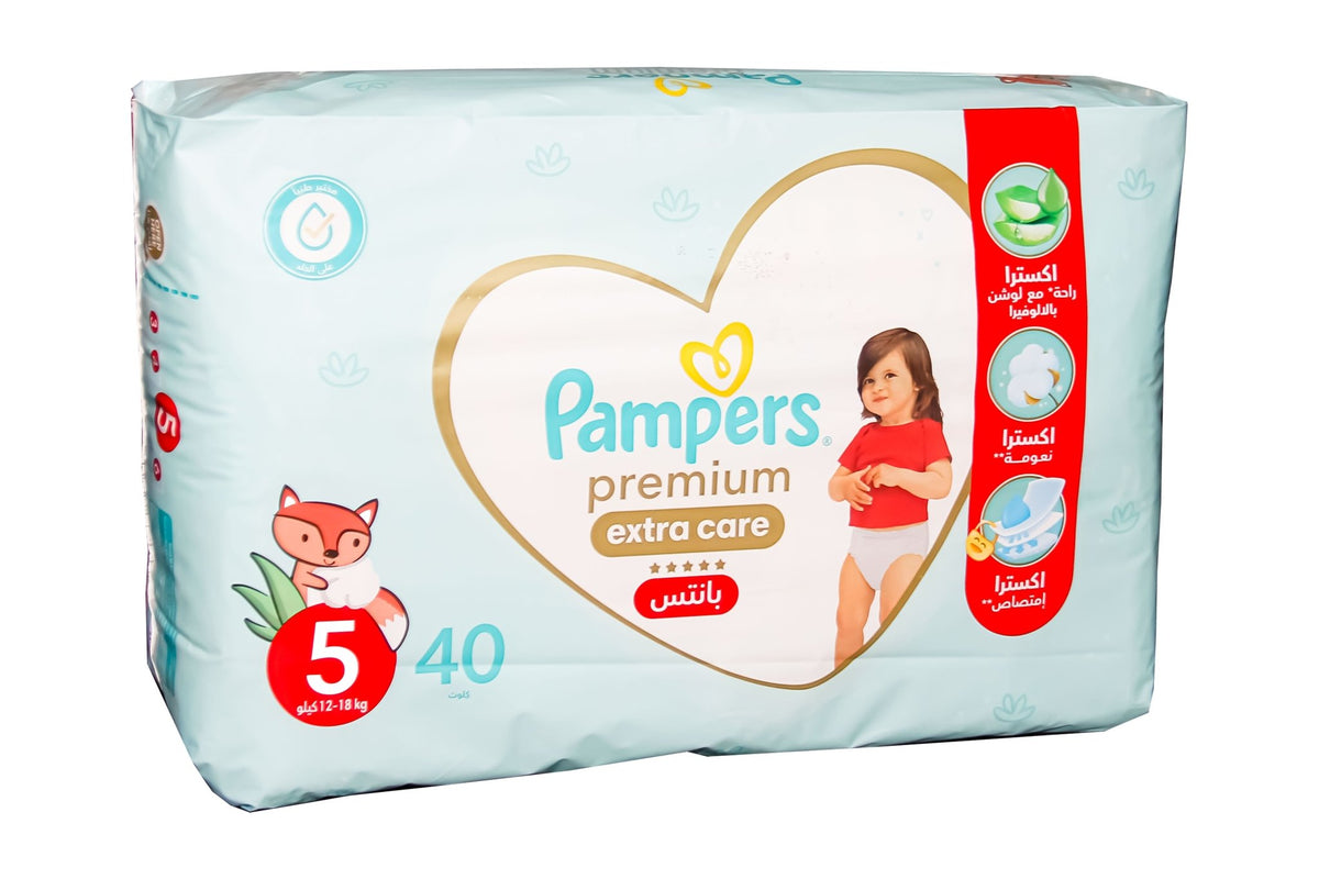 Pampers Premium EXTRA CARE Pants, Size 5, 12-18 Kg, with Lotion with Aloe Vera, 40 diapers. - Adenzo Comfies