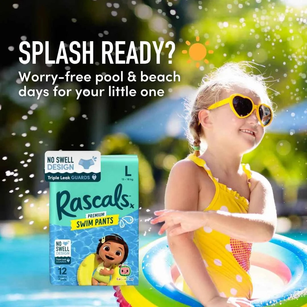 Rascals Cocomelon Premium Baby Swimming Diaper Pants - Advanced Leak Protection Swimming Diaper Pants For Little Swimmers - Extra Stretchy Waistband Swim Pants Large Pack of 12.
