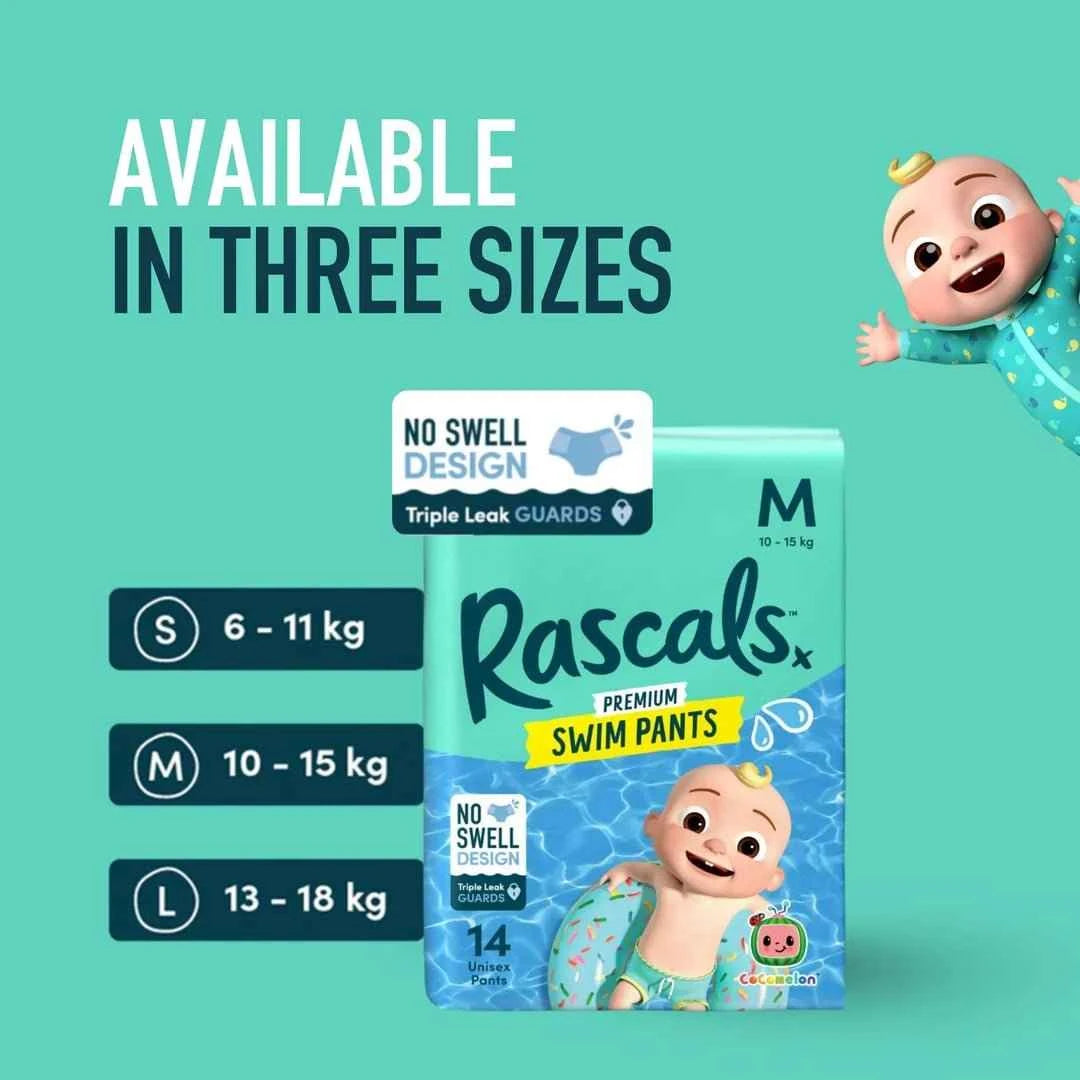 Rascals Cocomelon Premium Baby Swimming Diaper Pants - Advanced Leak Protection Swimming Diaper Pants For Little Swimmers - Extra Stretchy Waistband Swim Pants Medium Pack of 14