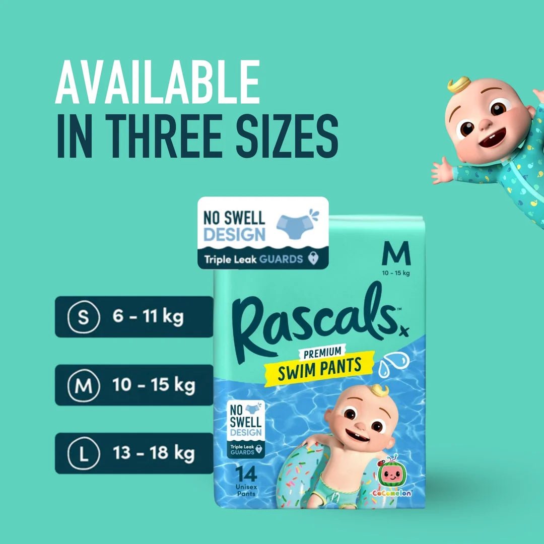 Rascals Cocomelon Premium Baby Swimming Diaper Pants - Advanced Leak Protection Swimming Diaper Pants For Little Swimmers - Extra Stretchy Waistband Swim Pants Medium Pack of 14 - Adenzo Comfies