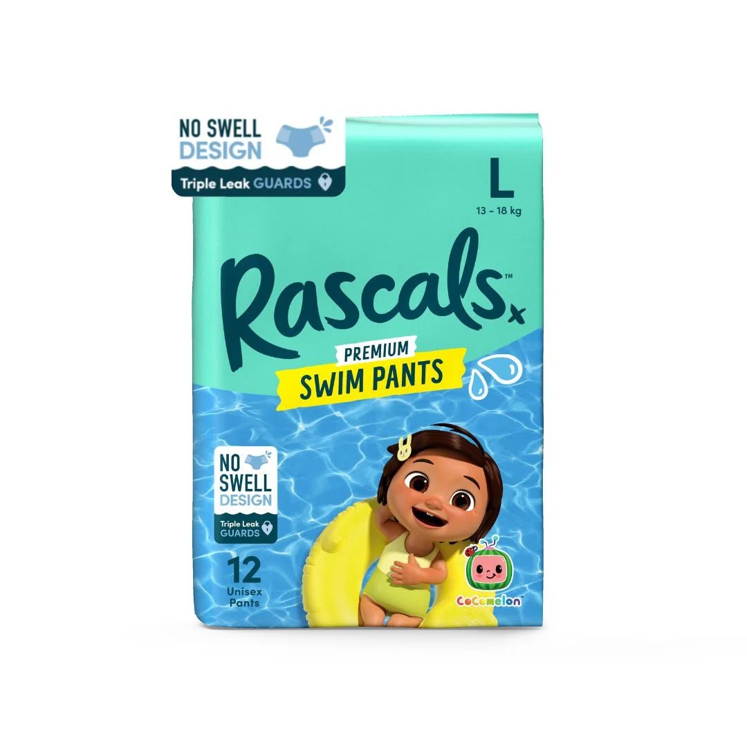 Rascals Cocomelon Premium Baby Swimming Diaper Pants - Advanced Leak Protection Swimming Diaper Pants For Little Swimmers - Extra Stretchy Waistband Swim Pants Large Pack of 12. - Adenzo Comfies