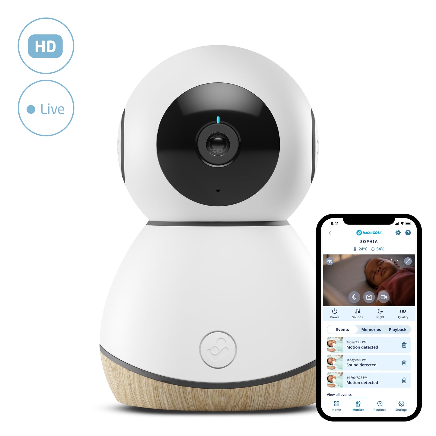 Maxi-Cosi See Baby Monitor-smart, 1080p HD Wi-Fi camera designed with a sleek, minimalist aesthetic to blend into modern Homes .