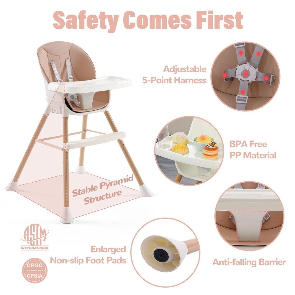 3-in-1 Convertible Baby High Chair – Adjustable Feeding Chair to Toddler Seat & Stool, 5-Point Harness, Wooden Legs - Adenzo Comfies