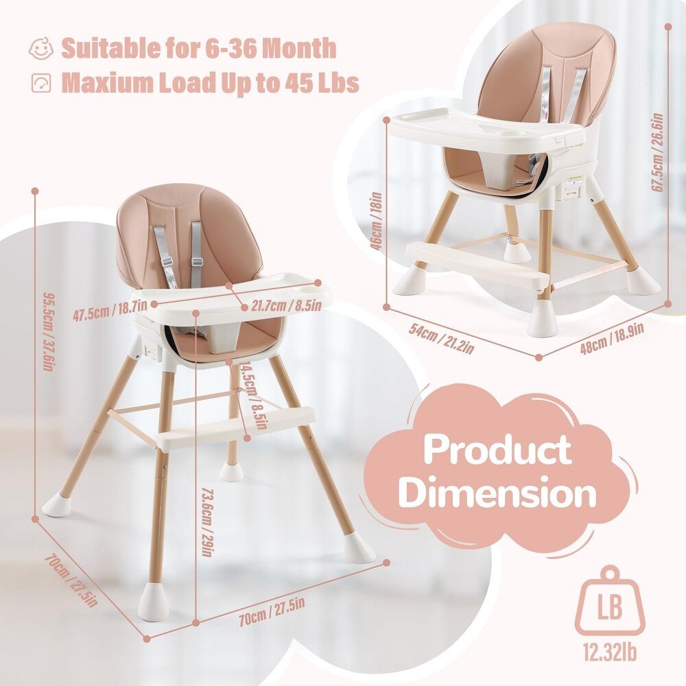 3-in-1 Convertible Baby High Chair – Adjustable Feeding Chair to Toddler Seat & Stool, 5-Point Harness, Wooden Legs - Adenzo Comfies
