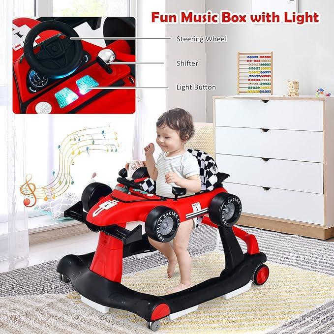 HONEY JOY 4 - in - 1 Baby Walker, Activity Push Walker w/3 Adjustable Heights, Smooth Wheels w/Adjustable Speed, Padded Seat, Music & Light, Foldable Car Walker for Baby Boys Girls Age 6 Months+ - Adenzo Comfies