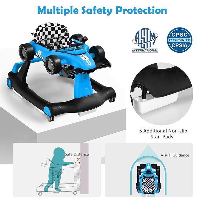 HONEY JOY 4 - in - 1 Baby Walker, Activity Push Walker w/3 Adjustable Heights, Smooth Wheels w/Adjustable Speed, Padded Seat, Music & Light, Foldable Car Walker for Baby Boys Girls Age 6 Months+ - Adenzo Comfies