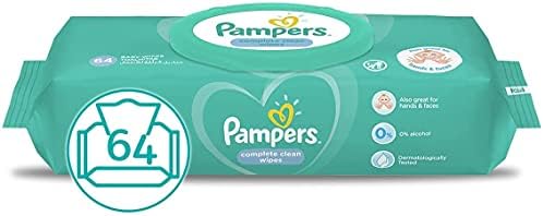 Pampers complete clean baby wipes, with 0% alcohol, 64 wipe count.