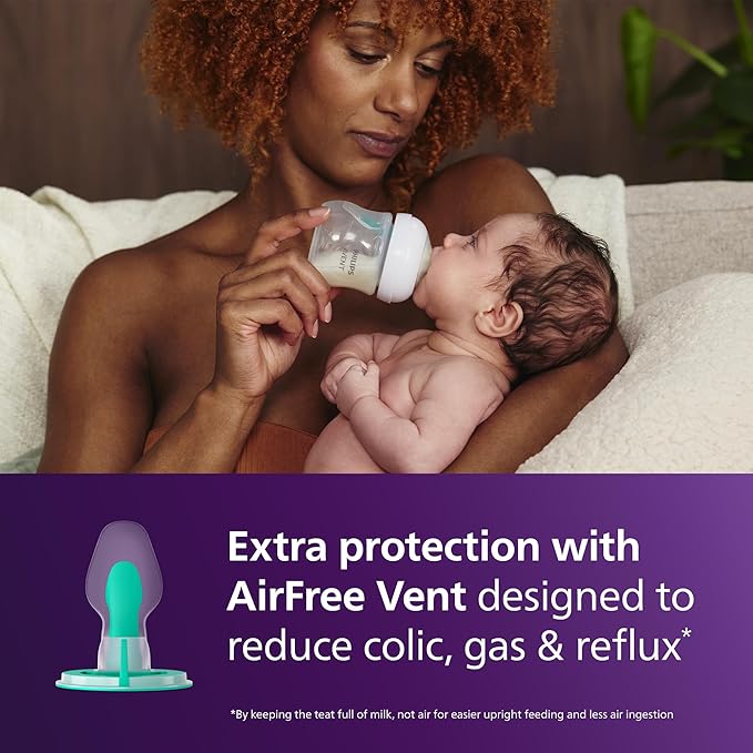 Philips Avent AirFree Vent Baby Bottle Newborn Gift Set - 4 Baby Milk Bottles with Air-Free Vent, Ultra-Soft Pacifier and Bottle Brush, Babies Aged 0-12 Months+ (Model SCD657/11)