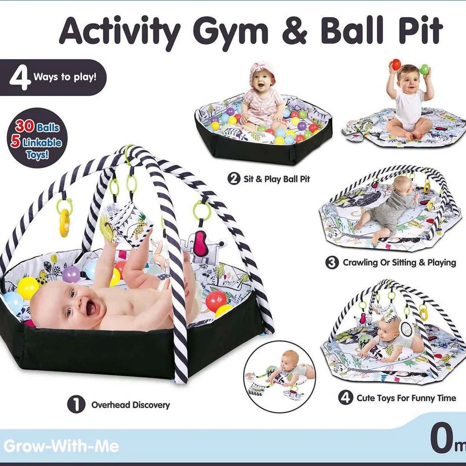 4 in 1 Newborn Baby Activity Gym Play Mat And Ball Pit - Black/White - Adenzo Comfies