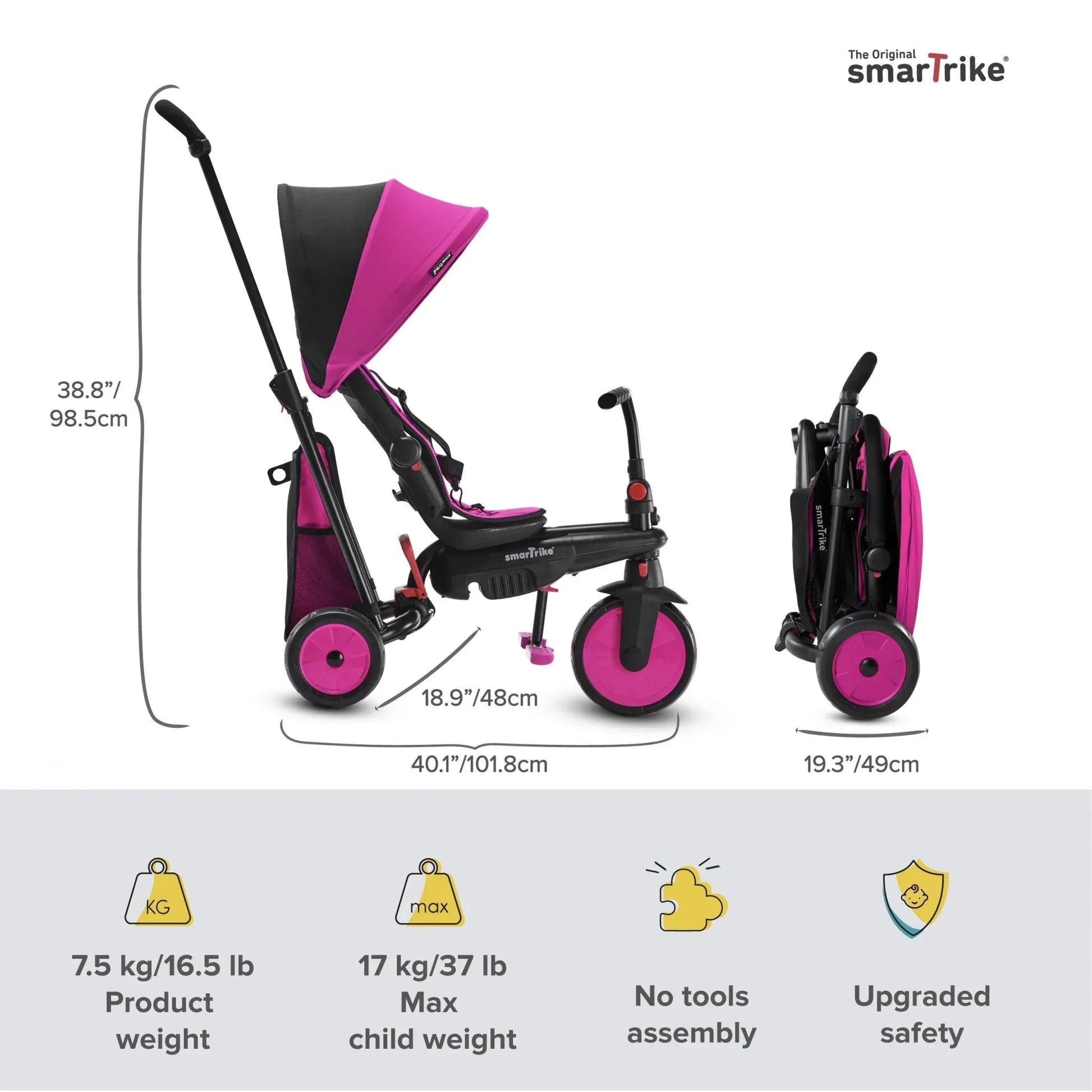 Smartrike STR3 6 - in - 1 Foldable Child Tricycle with Stroller Certification – Adjustable Push Trike for Ages 1–3 Years (Pink & Blue) - Adenzo Comfies