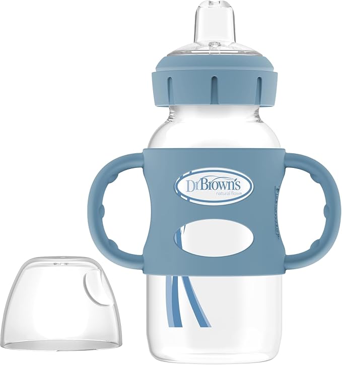 Dr. Brown's Milestones Wide-Neck Sippy Bottle with 100 Percent Silicone Handles, Easy-Grip Bottle with Soft Sippy Spout, 9oz/270ml, 6m+, Light Blue, 1-Pack, BPA Free. - Adenzo Comfies