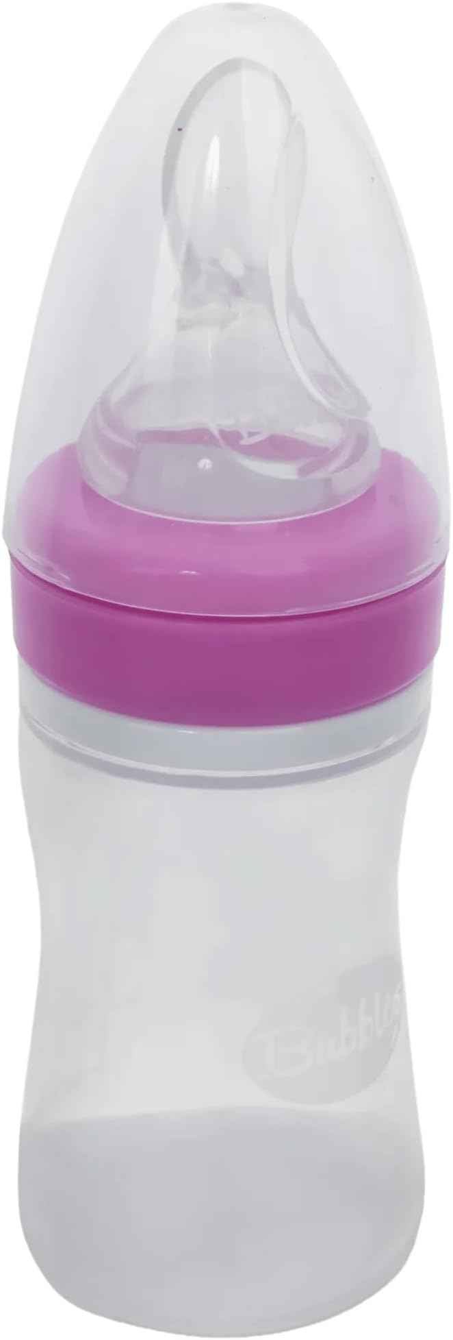Bottle Bubbles 150 ml with Silicone Spoon for Babies – Soft Squeeze Baby Food Dispenser Easy Feeding Bottle with Spoon – BPA Free – Pink - Adenzo Comfies