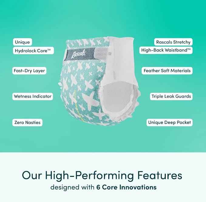 Rascals Premium Baby Diapers - Comfortable & Leak-Proof Diaper for Babies 15-20 kg - Soft & Gentle Diapers Size 6 - Jumbo Box (60 Count).