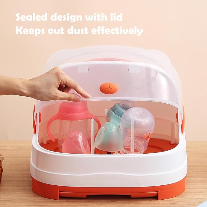 Baby Bottle Drying Rack with Dustproof Cover – Large Capacity Storage Organizer with Drainage Tray & 3 Bottle Holders, BPA-Free Baby Bottle Drying Station