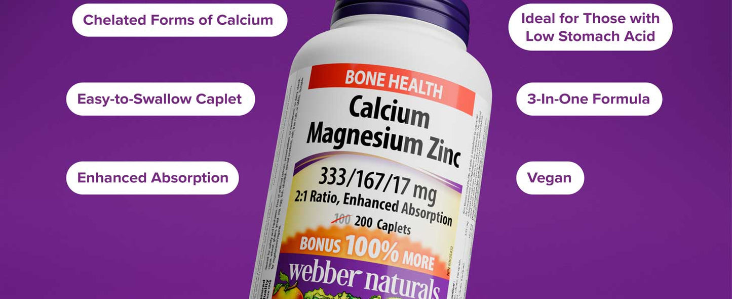 Webber Naturals Calcium with Magnesium and Zinc, 200 Caplets, Enhanced Absorption, Helps Support Bones and Teeth, Vegan