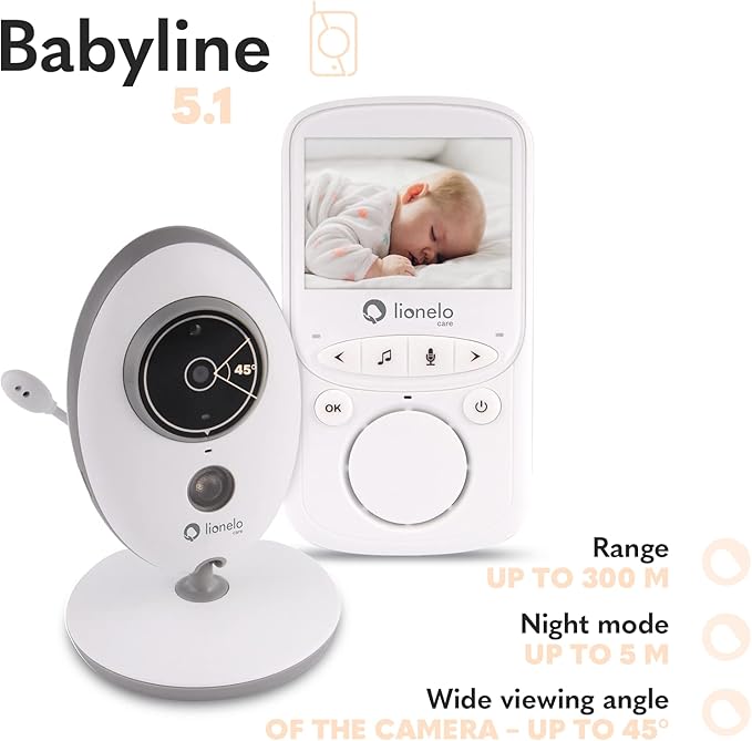 Lionelo Babyline 5.1 Baby Monitor with Camera Two-Way Communication Range of 300 Metres Two Cameras in Set Night Mode VOX System Warning System 8 Melodies White