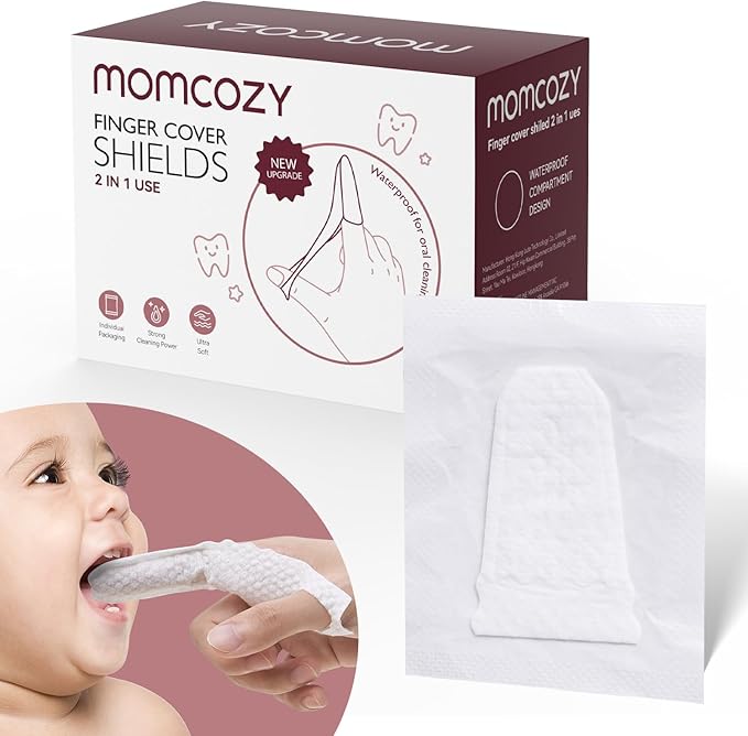 Momcozy Baby Finger Toothbrush Wipes, Finger Shield for baby tongue and oral cleaning, Tooth and Gum Wipes Tongue Cleaner, 30 Count.