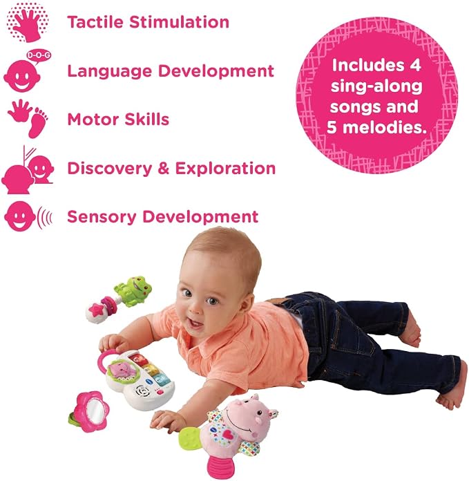 VTech My First Gift Set, Newborn Baby Toys Including Hippo Animal Plush, Baby Teether, Baby Rattle & Baby Musical Toy, 0, 6, 12 Months and Over for Boys & Girls, Pink